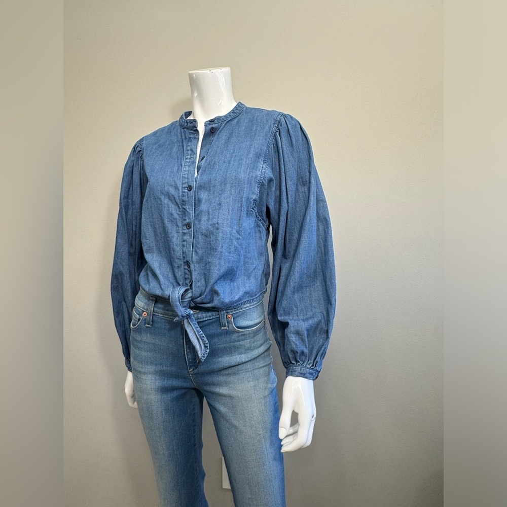 SANCTUARY Blue Denim Button-Up Blouse Tie Hem Puff Sleeve Shirt XS Cropped Top